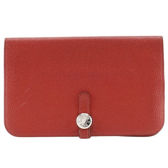 HERMES Long Wallet Purse Taurillon Clemence Red Dogon GM Women Used Authentic