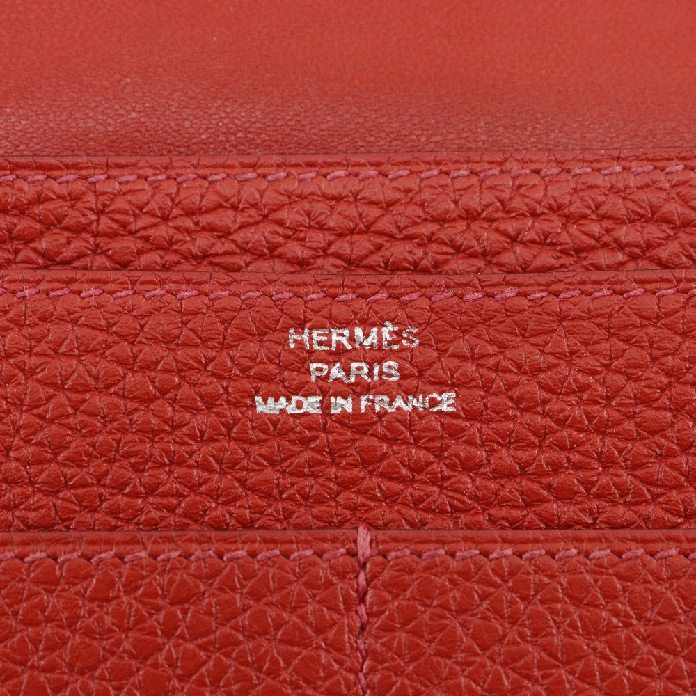 HERMES Long Wallet Purse Taurillon Clemence Red Dogon GM Women Used Authentic