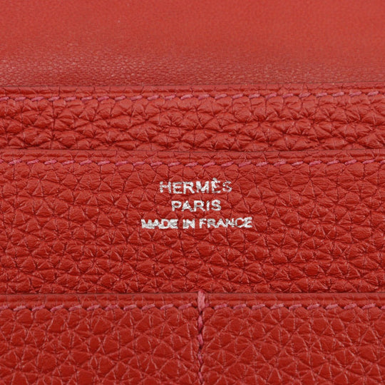 HERMES Long Wallet Purse Taurillon Clemence Red Dogon GM Women Used Authentic