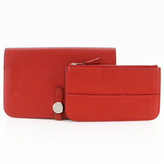 HERMES Long Wallet Purse Taurillon Clemence Red Dogon GM Women Used Authentic