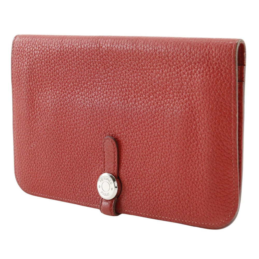 HERMES Long Wallet Purse Taurillon Clemence Red Dogon GM Women Used Authentic