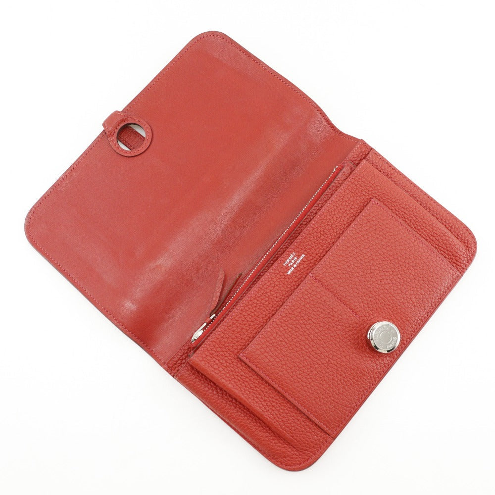 HERMES Long Wallet Purse Taurillon Clemence Red Dogon GM Women Used Authentic