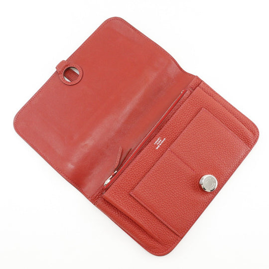 HERMES Long Wallet Purse Taurillon Clemence Red Dogon GM Women Used Authentic