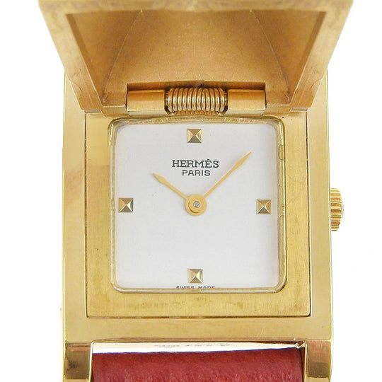 HERMES Watches Quartz ME1.201 Plated Gold , Leather wine-red Medor White dial Women Used Authentic