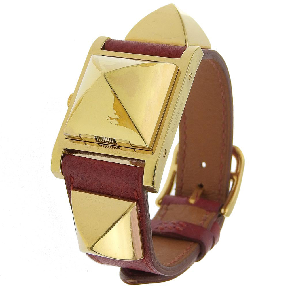 HERMES Watches Quartz ME1.201 Plated Gold , Leather wine-red Medor White dial Women Used Authentic