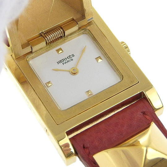 HERMES Watches Quartz ME1.201 Plated Gold , Leather wine-red Medor White dial Women Used Authentic