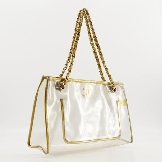 CHANEL Tote Bag Plastics Gold / clear Chain tote COCO Mark Women Used Authentic