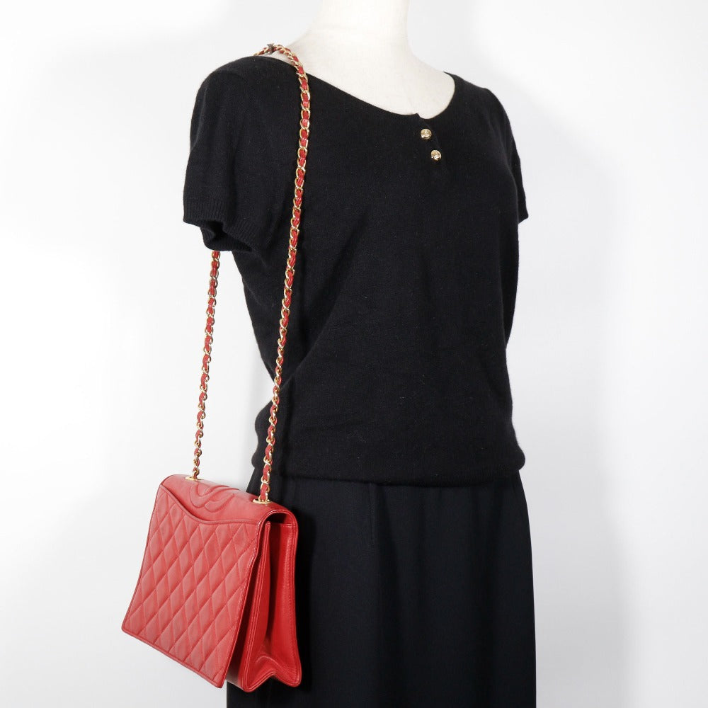 CHANEL Shoulder Bag lambskin Red vintage Matrasse COCO Mark ChainShoulder Women Used Authentic