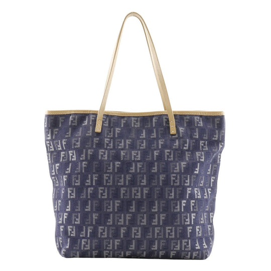 FENDI Handbag Denim, Leather Navy blue Tote Bag Zucchino Women Used Authentic