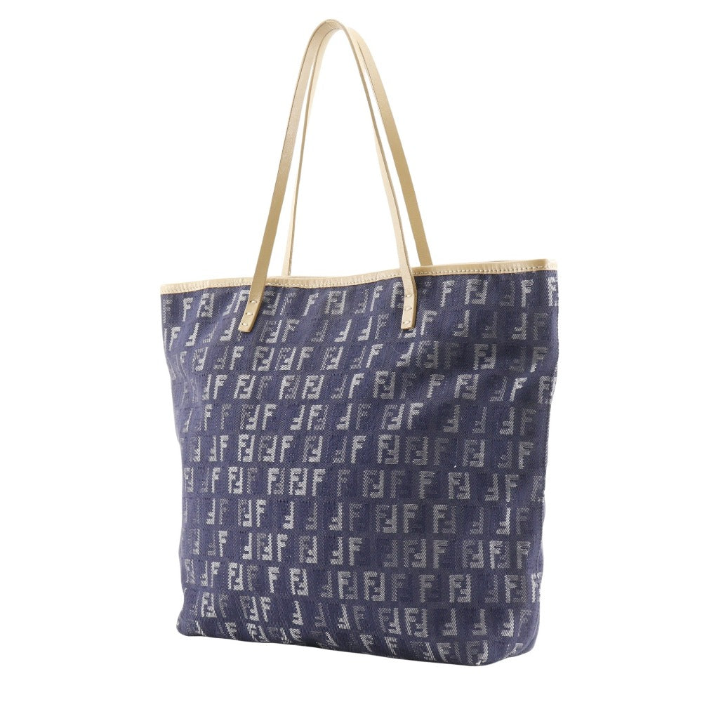FENDI Handbag Denim, Leather Navy blue Tote Bag Zucchino Women Used Authentic
