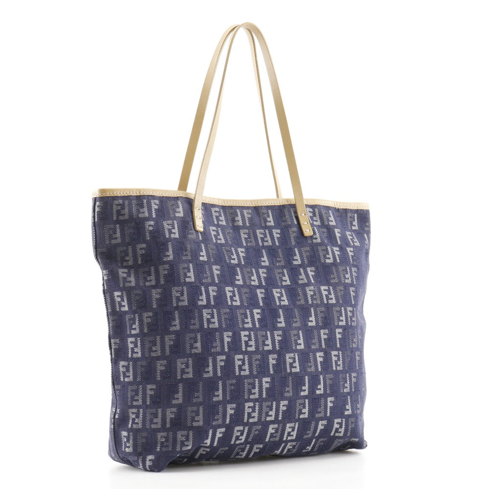 FENDI Handbag Denim, Leather Navy blue Tote Bag Zucchino Women Used Authentic