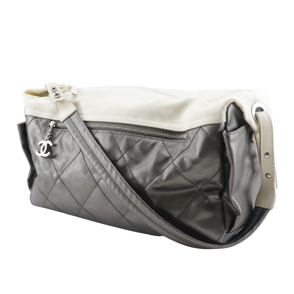 CHANEL Shoulder Bag A34206 Coated canvas Silver Matrasse one belt Paris Biarritz Women Used Authentic