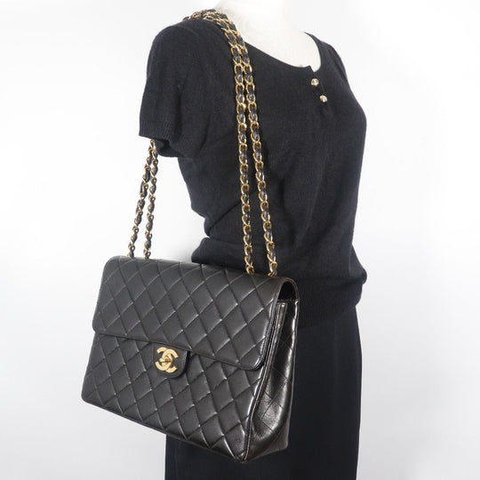 CHANEL Shoulder Bag lambskin black vintage Double chain Deca Trasse Women Used Authentic