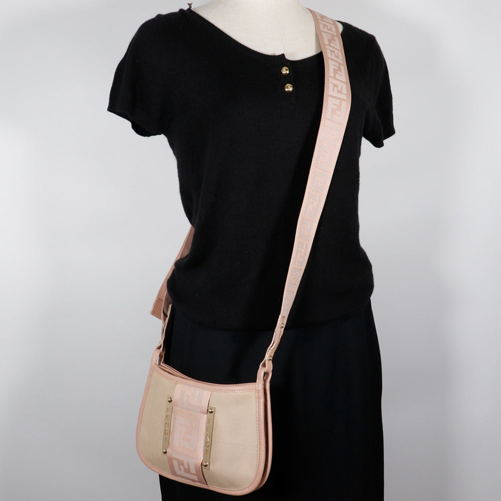 FENDI Shoulder Bag 8BT083 Canvas, Leather Beige / pink Pochette FF Women Used Authentic