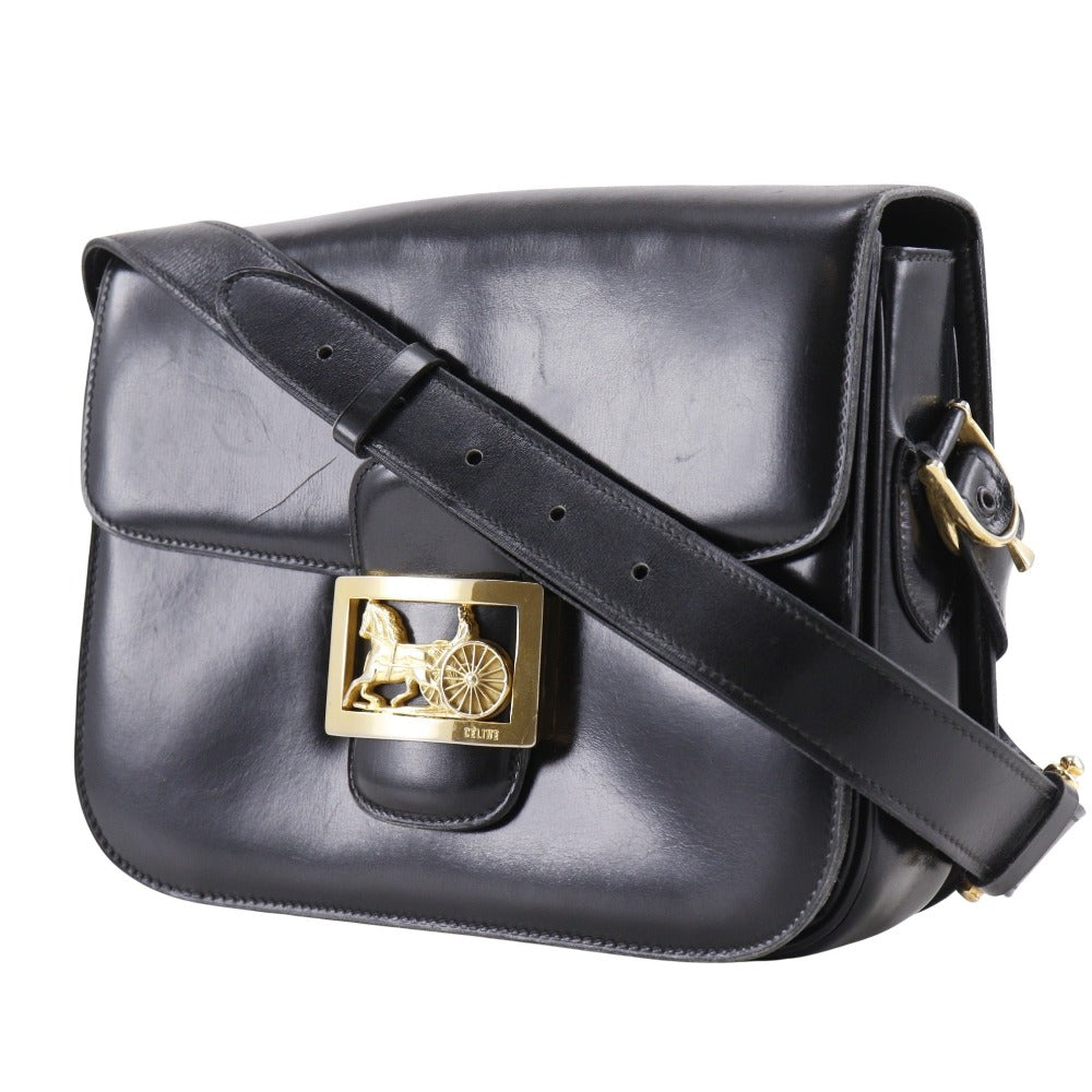CELINE Shoulder Bag leather black Carriage Metal Old Celine Women Used Authentic