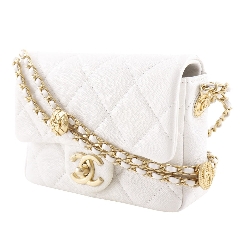 CHANEL Shoulder Bag A35200 Caviar skin White/Gold Metal ChainShoulder Matelasse Flap Shoulder Women Used Authentic