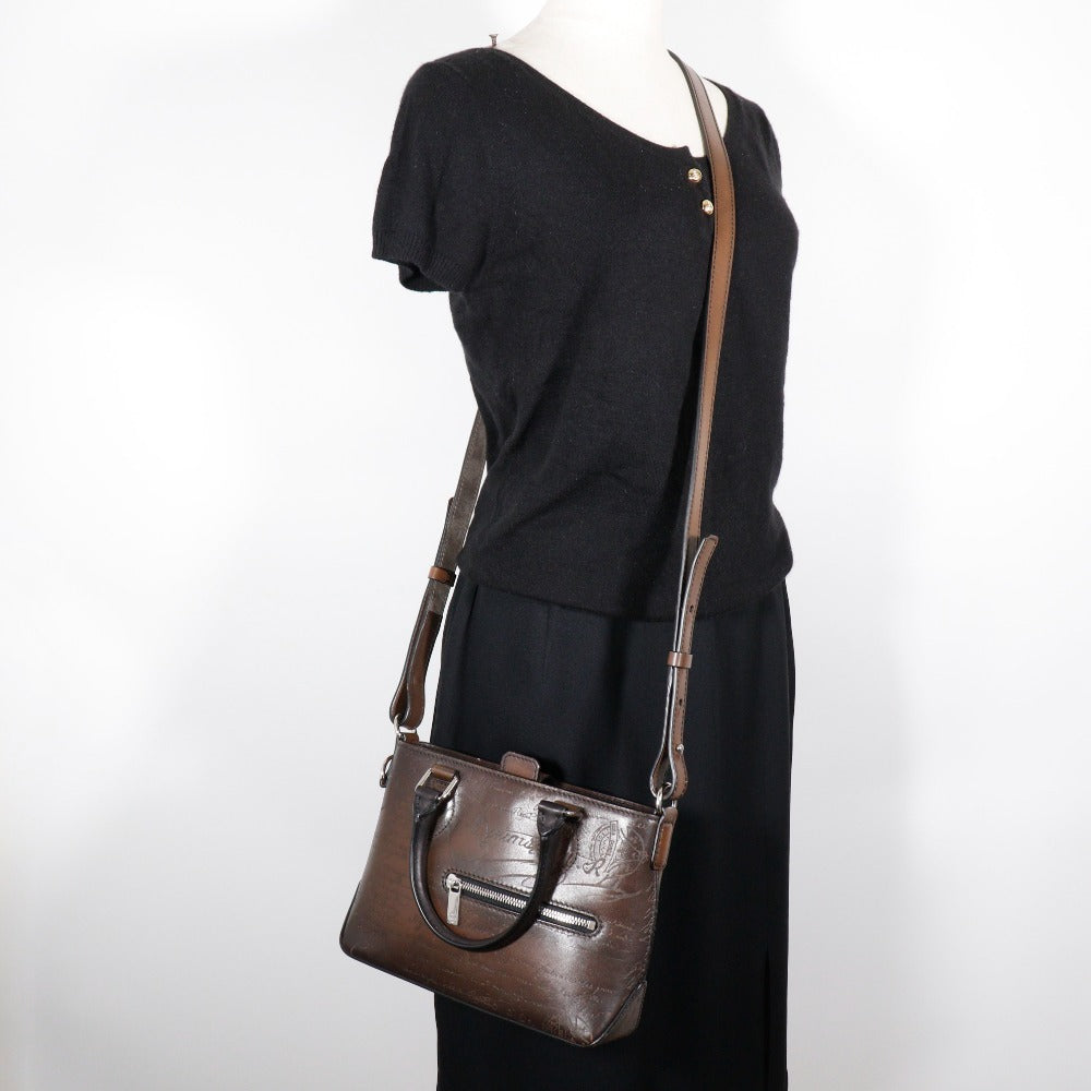 Berluti Handbag leather Brown 2WAYShoulder Scrit Calligraphy Tujour Gulliver mens Used Authentic