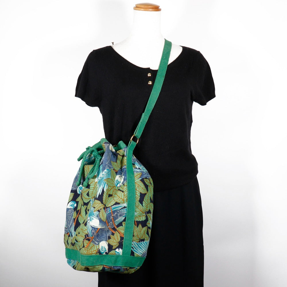 HERMES Shoulder Bag cotton Green vintage Botanical Pattern Bird Pattern one belt Women Used Authentic