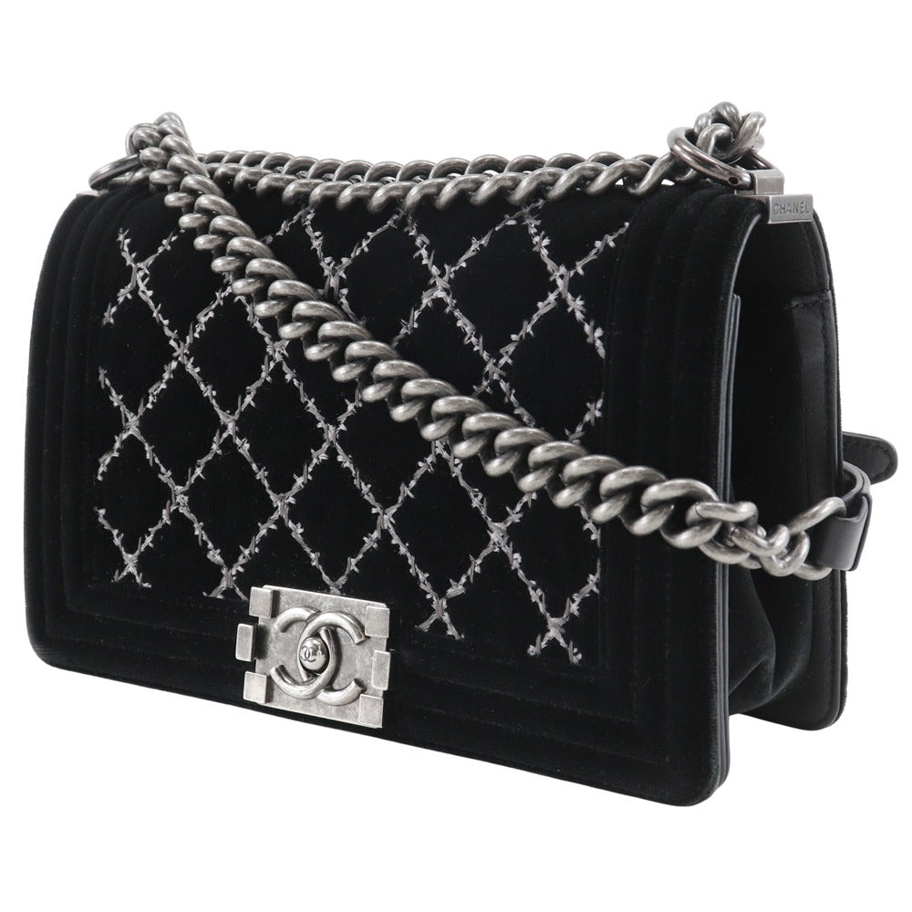 CHANEL Shoulder Bag Velour, Leather black Matelasse stitch ChainShoulder Boy Chanel 25 Women Used Authentic