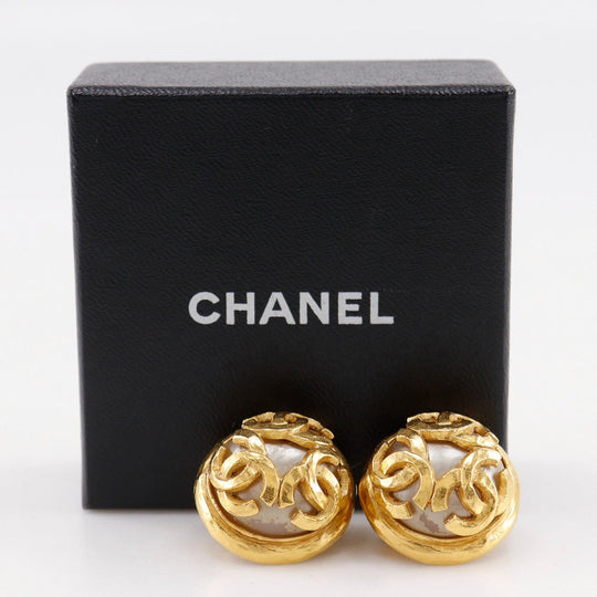 CHANEL Earring Plated Gold, Faux Pearl gold vintage Triple COCO Mark Women Used Authentic