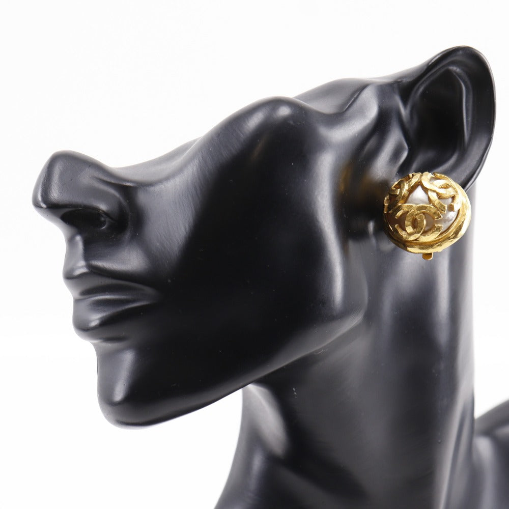 CHANEL Earring Plated Gold, Faux Pearl gold vintage Triple COCO Mark Women Used Authentic