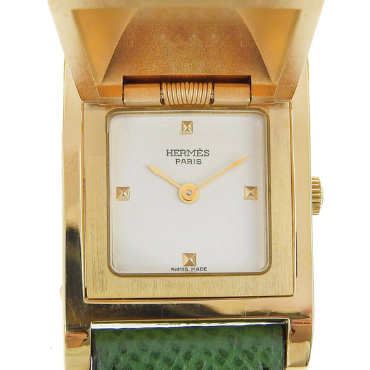 HERMES Watches Quartz Plated Gold , Leather green Medor White dial Women Used Authentic