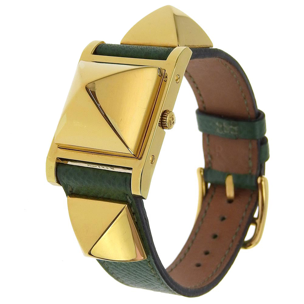 HERMES Watches Quartz Plated Gold , Leather green Medor White dial Women Used Authentic