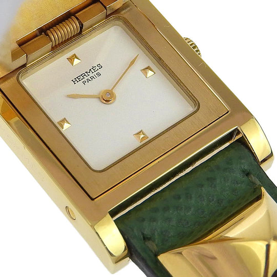HERMES Watches Quartz Plated Gold , Leather green Medor White dial Women Used Authentic