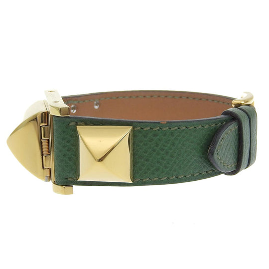 HERMES Watches Quartz Plated Gold , Leather green Medor White dial Women Used Authentic