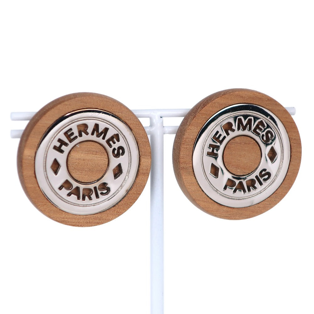 HERMES Earring Wood, Metal Brown/Silver Serie Women Used Authentic