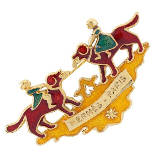 HERMES Brooch Plated Gold wine-red Cloisonne dog and girl Women Used Authentic