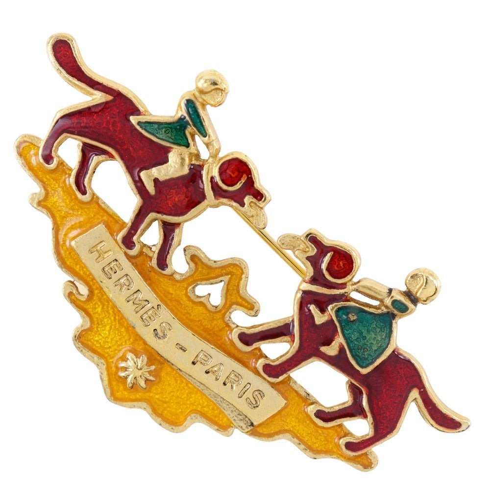 HERMES Brooch Plated Gold wine-red Cloisonne dog and girl Women Used Authentic