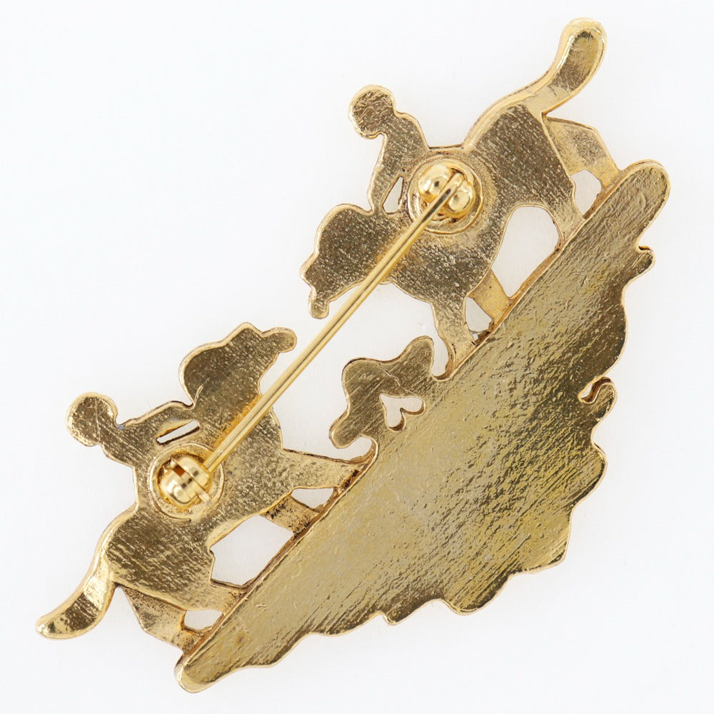 HERMES Brooch Plated Gold wine-red Cloisonne dog and girl Women Used Authentic