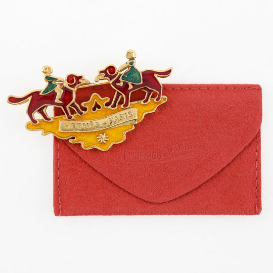 HERMES Brooch Plated Gold wine-red Cloisonne dog and girl Women Used Authentic
