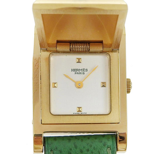 HERMES Watches Quartz ME1.201 Plated Gold , Leather gold Medor White dial Women Used Authentic