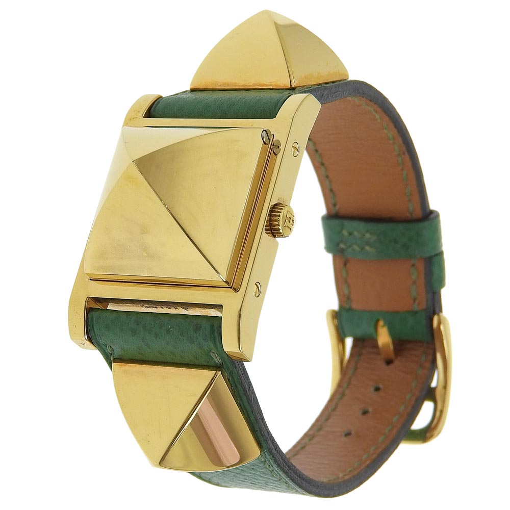 HERMES Watches Quartz ME1.201 Plated Gold , Leather gold Medor White dial Women Used Authentic