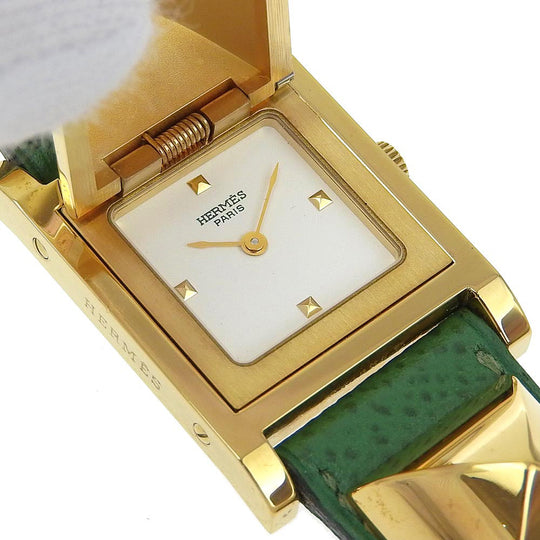 HERMES Watches Quartz ME1.201 Plated Gold , Leather gold Medor White dial Women Used Authentic