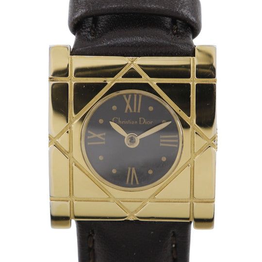 Dior Watches Quartz D82-150 Plated Gold, embossed leather black Cannage Square black dial Women Used Authentic
