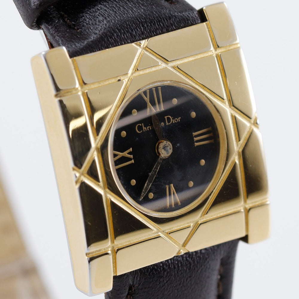 Dior Watches Quartz D82-150 Plated Gold, embossed leather black Cannage Square black dial Women Used Authentic