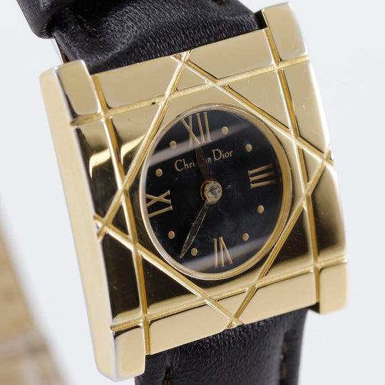 Dior Watches Quartz D82-150 Plated Gold, embossed leather black Cannage Square black dial Women Used Authentic