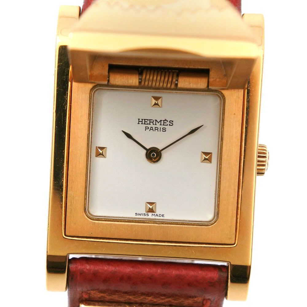 HERMES Watches Quartz Plated Gold , Leather Red Medor White dial Women Used Authentic