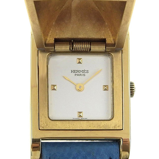 HERMES Watches Quartz Plated Gold , Leather Silver Medor White dial Women Used Authentic