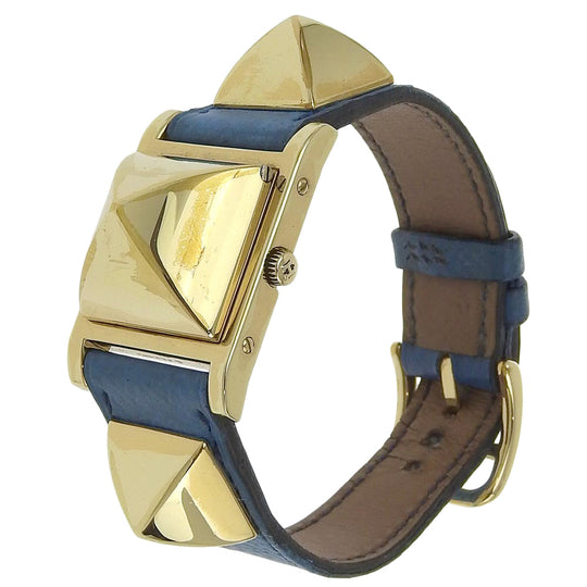 HERMES Watches Quartz Plated Gold , Leather Silver Medor White dial Women Used Authentic