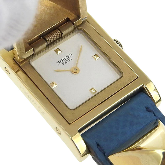 HERMES Watches Quartz Plated Gold , Leather Silver Medor White dial Women Used Authentic