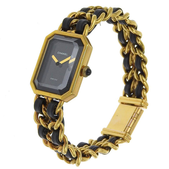 CHANEL Watches Quartz Plated Gold , Leather gold Premiere black dial Women Used Authentic