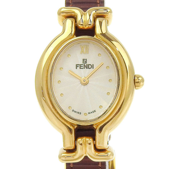 FENDI Watches Quartz 640L Plated Gold, embossed leather gold Change belt Oval Silver dial Women Used Authentic