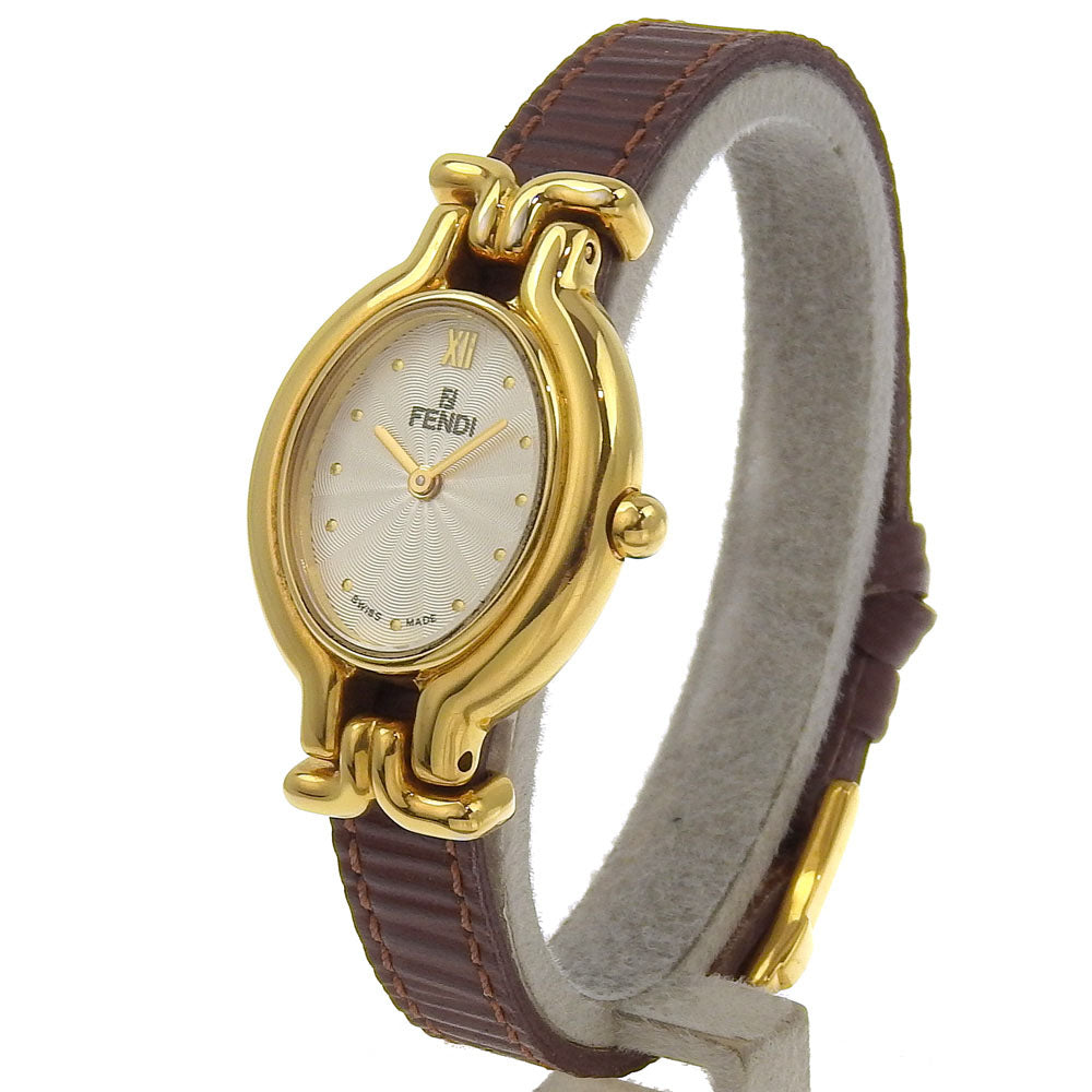 FENDI Watches Quartz 640L Plated Gold, embossed leather gold Change belt Oval Silver dial Women Used Authentic