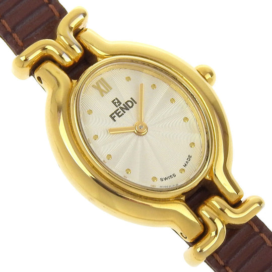 FENDI Watches Quartz 640L Plated Gold, embossed leather gold Change belt Oval Silver dial Women Used Authentic