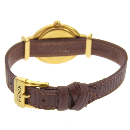 FENDI Watches Quartz 640L Plated Gold, embossed leather gold Change belt Oval Silver dial Women Used Authentic
