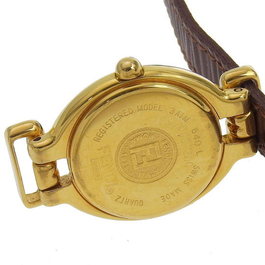 FENDI Watches Quartz 640L Plated Gold, embossed leather gold Change belt Oval Silver dial Women Used Authentic